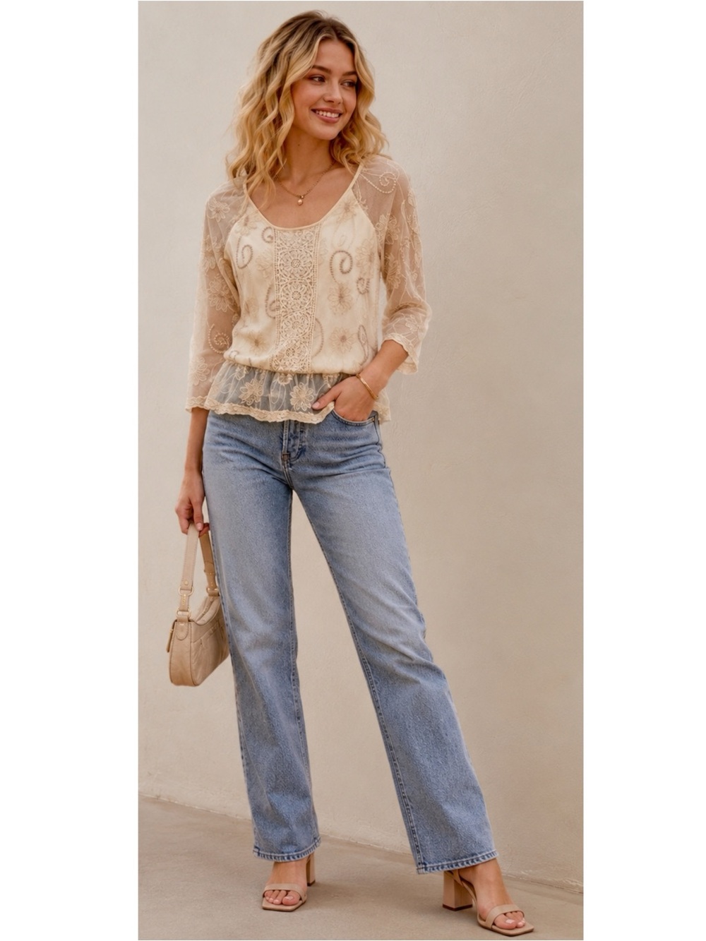 Y2K DRESS BARN Lace Romantic Whimsical Cream Floral Embroidered Blouse Sz M Top